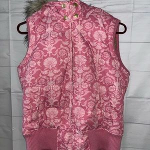 AEROPASTALE Puffer Vest Women’s Large Pink/Gold W/Removable Fur Hood